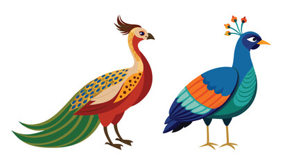 Obraz premium Stylized Illustration of Two Colorful Birds A Peacock and Another Exotic Bird