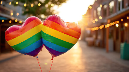 Two rainbow heart shaped balloons float in sunlit street to celebrate pride with bright colors and joyful atmosphere