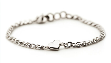 A silver chain bracelet with a heart charm, on a white background, product photography