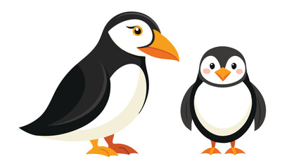 Fototapeta premium Cartoon Puffin and Penguin Standing Together on White Background, Illustration Art