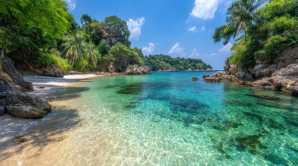 Tropical beach paradise with turquoise waters and lush vegetation