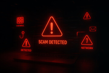 Red scam detected alert displayed on dark digital background representing cybersecurity threat