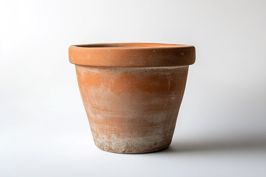A terracotta pot by Brooke Robbie, set against a white background, captured in a professional, ultra-detailed photograph