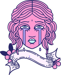 traditional tattoo with banner of female face crying