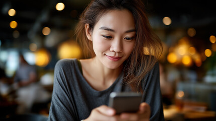 Junge Asiatin lächelt beim Betrachten ihres Smartphones in gemütlicher Atmosphäre