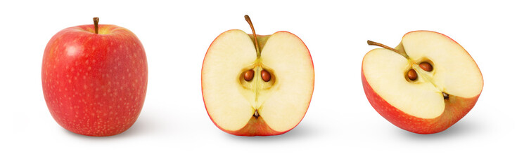 Red apples and half in a row isolated. Collection of pink apple and a halves.