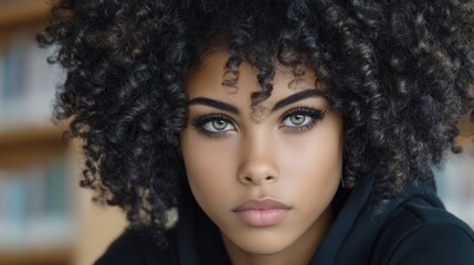 Close-up of a young woman with voluminous curly hair