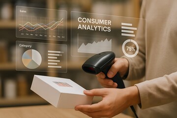 A person uses a barcode scanner, digital interface, and consumer analytics charts. A modern retail and technology environment is shown