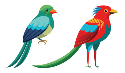 Fototapeta premium Two Stylized Birds Green and Blue Parrot and Red Quetzal Illustration