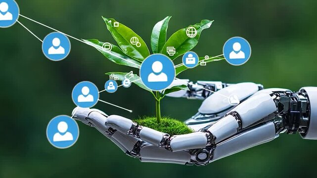 AI and Sustainable Growth: Robotic Hand Nurturing a Sapling, Symbolizing Technological Advancement for Environmental Conservation
