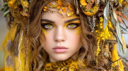 Woman with autumnal, nature-inspired makeup and crown