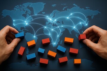 Global network map with hands arranging blocks. The image depicts a connection network linking worldwide locations through blue lines.