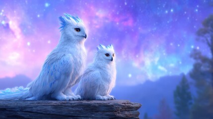 Two ethereal white owls,  perched on a rock, gaze at a starry night sky
