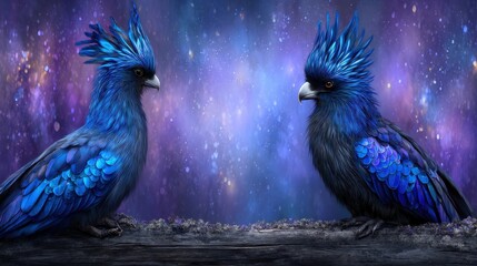 Two vibrant blue birds on a cosmic backdrop