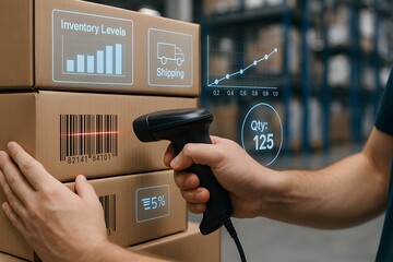 Warehouse worker scanning barcode on cardboard box, optimizing inventory levels