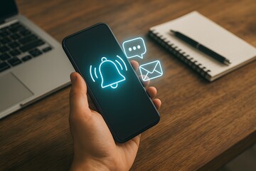 A person holds a phone displaying notification alert with message and chat bubbles. This image highlights the importance of staying connected and informed