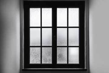 Black window with double-glazed glass a white background, close-up view