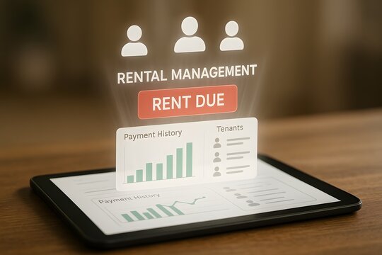 A digital tablet displaying "Rental Management" and "Rent Due", showcasing a modern approach to property management