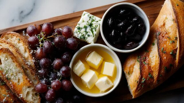 Delicious cheese and grape platter served with fresh bread and butter at dining table in cozy setting