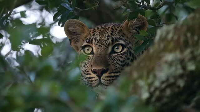  Intense close-up of a leopard staring through dense forest foliage, perfectly camouflaged in its natural habitat with dramatic lighting and sharp eye focus