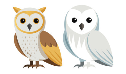 Cartoon Illustration Golden and White Owls Standing Side by Side on White Background