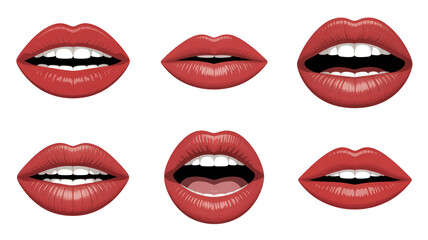 Fototapeta premium Six illustrations of red lips in different positions, some showing teeth and tongue, isolated on a transparent background, ideal for animation or design projects