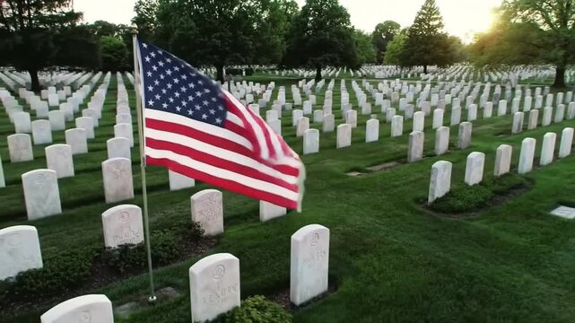 Flag Waving Over Cemetery Headstones Aerial View