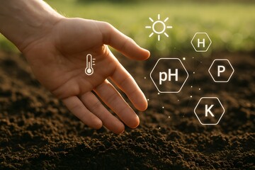 A hand touching the fertile soil, illustrating sustainable agricultural practices. With icons representing key soil elements and conditions, symbolizing a connection to nature 