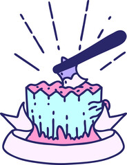 scroll banner with tattoo style axe in tree stump