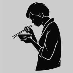 a person eating with chopsticks silhouette vector design art and illustration