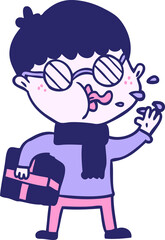cartoon boy wearing spectacles with christmas gift
