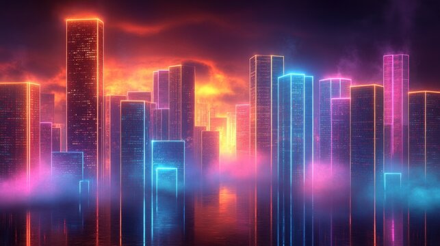 Neon cityscape at dawn