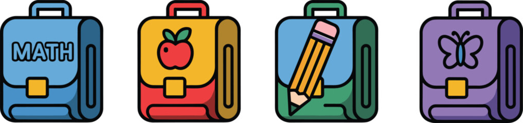 Colorful school backpacks set with math, apple, pencil, and butterfly icons, isolated on white background for education flat vector illustration