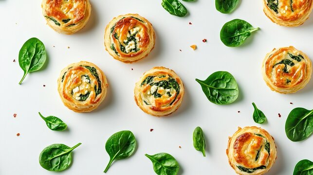 Small, golden-brown, puff pastry appetizers, filled with spinach and cheese, arranged on a white surface with fresh spinach leaves and red pepper flakes