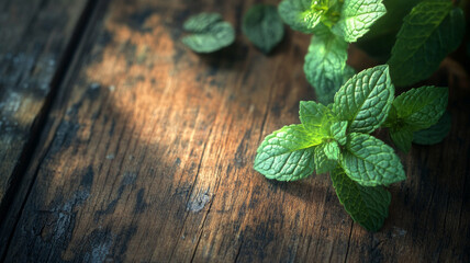 Fresh mint leaves on a wooden surface. Useful for cooking blogs and articles on healthy eating.