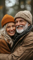 Elderly couple in warm clothes smiling against the backdrop of the fall forest. In articles about travel and active lifestyle for the elderly.