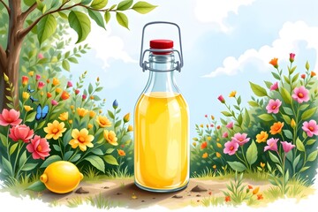 Refreshing Lemonade in a Garden: An enticing still life features a picturesque scene: a clear glass bottle filled with vibrant lemonade rests amongst a lush garden, alongside a ripe, yellow lemon.