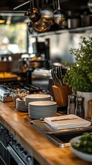 Modern kitchen with wooden countertops, dishes and kitchenware. Cooking blogs, interior design articles, kitchen furniture advertising.