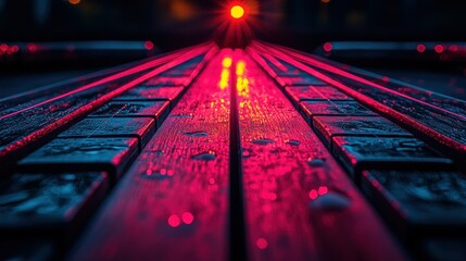 Neon-lit bench in the rain