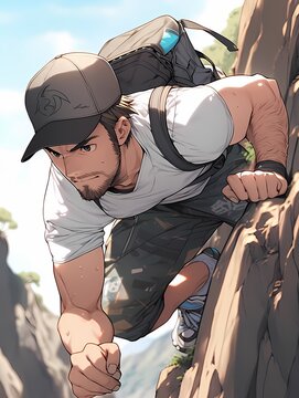 A young man with a muscular build climbs a rocky mountain, his focused expression and sweat indicating the intensity of the ascent.