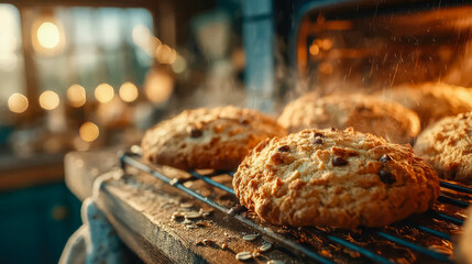 Freshly baked cookies on a rack in a glowing oven, topped with oats and chocolate chips, surrounded by warm light and floating flour particles