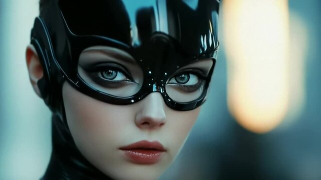 A woman in a sleek, black catsuit with dramatic makeup and a mask, exuding mystery and allure cosplay urban fantasy