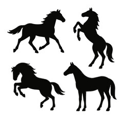 Set of silhouette of horses. Isolated black silhouette of galloping, jumping running, trotting, rearing horse on white background. Side view.