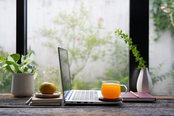 Side view of a laptop with orange juice, and potted plants on rustic desk
