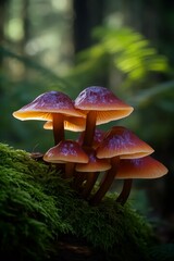 Fototapeta premium Mystical Mushrooms in Sunlight: A captivating view of a cluster of enchanting mushrooms illuminated by sunlight amidst a serene forest.