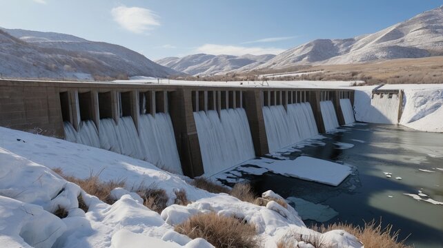 dam in the mountains in winter