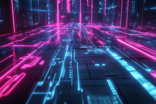 Digital network grid with neon data trails