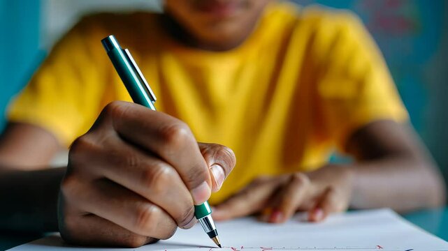 Focused child writing notes with pen in bright yellow shirt closeup sequence
