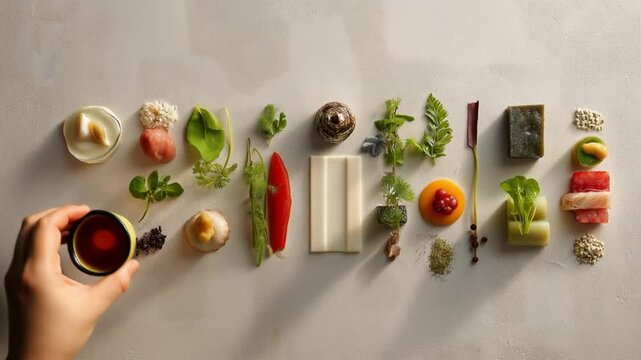 Culinary ingredients arranged in an elegant flatlay on a table  
