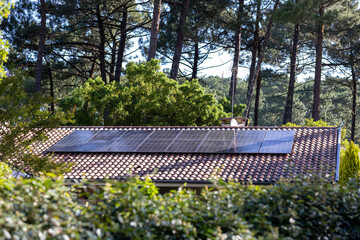 Installation de panneaux solaire sur le toit d'une maison dans les Landes dans la forêt au soleil